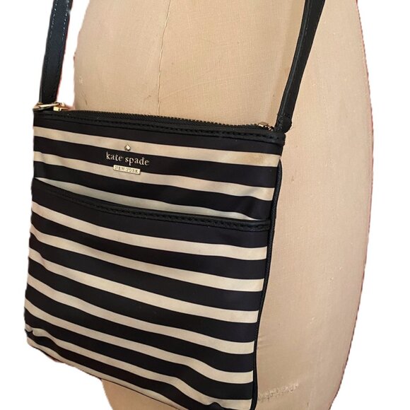 Kate Spade striped black and tan crossbody nylon purse bag - Picture 1 of 16